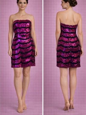 Strapless Sequin Cocktail Dress in Fuchsia with Black Accent